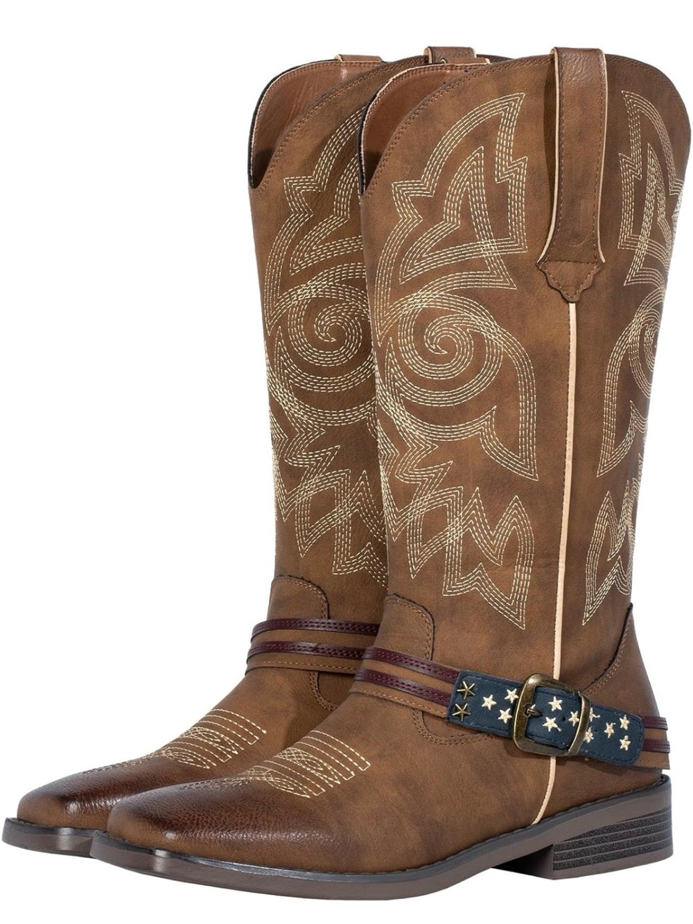 Women’s Brown Western Cowboy Boots with Star-Studded Strap